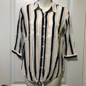 Reitmans Collared Stripe Button Down Front Knotted Blouse 3/4 XXS